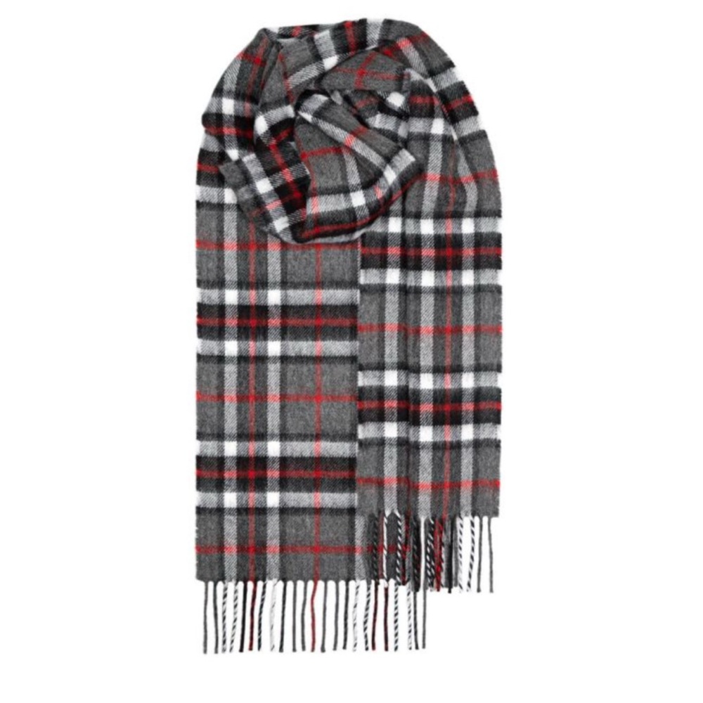 LOCHCARRON of Scotland Bowhill Thomson Grey Tartan Plaid Fringe Lambswool Scarf